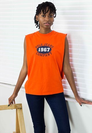 VINTAGE POLO RALPH LAUREN T-SHIRT SLEEVELESS LOGO 90S L 4.5