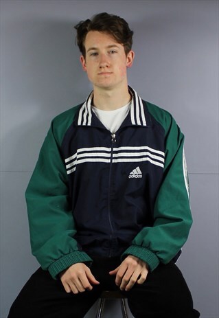 VINTAGE ADIDAS WINDBREAKER JACKET IN NAVY BLUE AND GREEN WIT