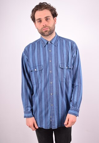 MENS VINTAGE DENIM SHIRT LARGE BLUE STRIPE 90S