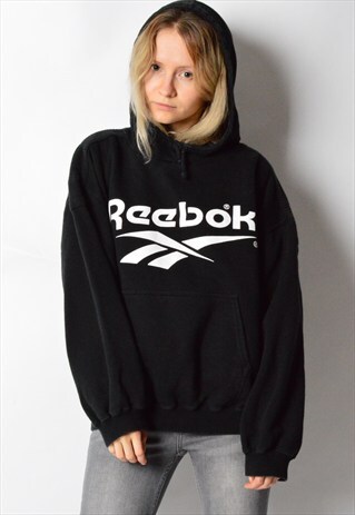 VINTAGE 90S BLACK MINIMALIST REEBOK DROP SHOULDER HOODIE