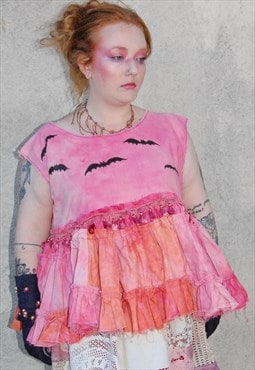 Pink And Orange Tie Dye Ruffle Fairy Grunge Bat Top L-XL