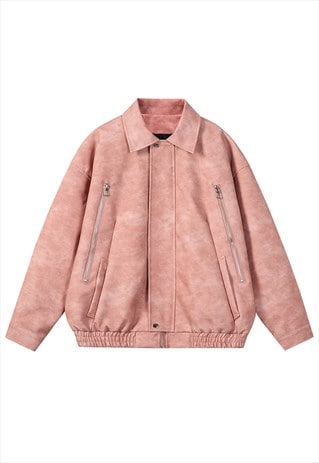 Utility aviator jacket pink faux leather grunge zipup bomber