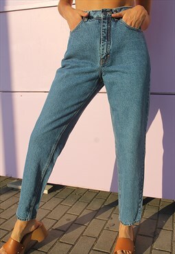 Blue Mid Wash High Rise Tapered Leg Mom Jeans
