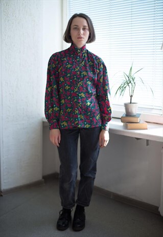 VINTAGE 80'S MULTICOLOUR PATTERNED HIGH COLLAR BLOUSE