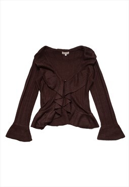 Preloved ruffle knitted cardigan in brown