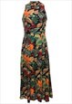 Vintage Leafy Print Multi-Colour High Neck Dress - M