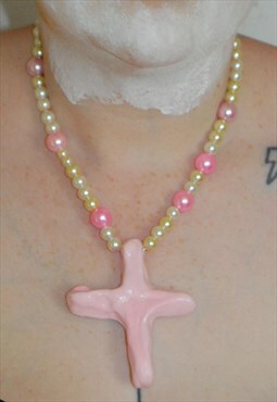 Pink And White Pearl Necklace With Hand Made Pink Cross