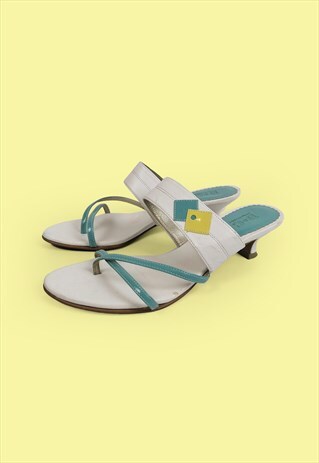 90'S Y2K KITTEN HEEL STRAPPY SANDALS GEOMETRIC WHITE LEATHER