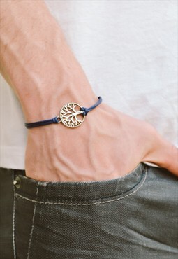 Silver tree of life bracelet for men blue cord yoga jewelry