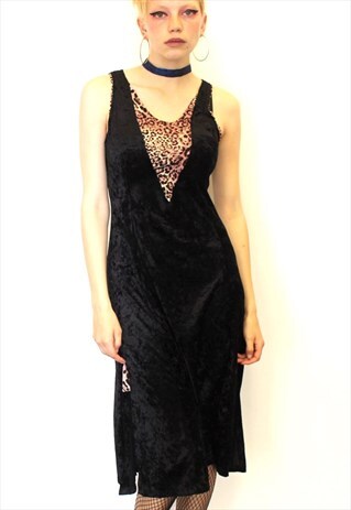 90S VINTAGE BACK VELVET LEOPARD PRINT MAXI MIDI DRESS SEXY