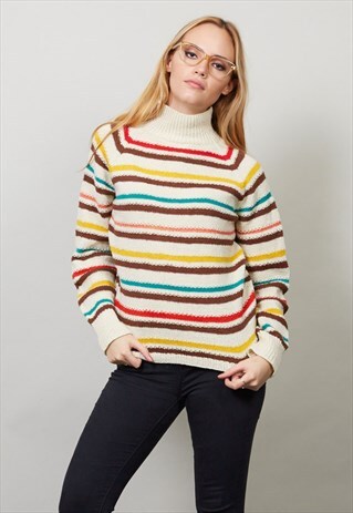 VINTAGE 70'S HIGH NECK STRIPY KNIT JUMPER