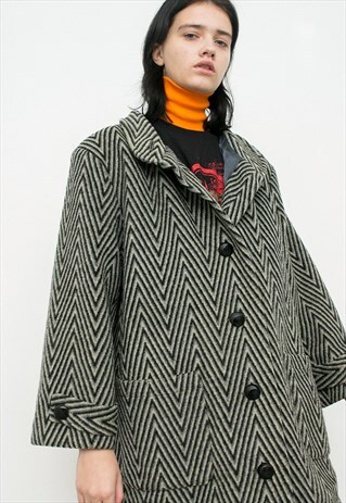 VINTAGE WOOL COAT RETRO HERRINGBONE LONG SLEEVED LONG JACKET