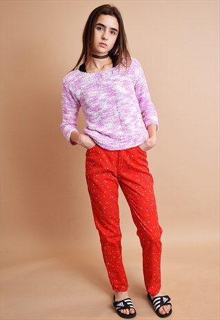 90'S RETRO FLORAL PRINT TAPERED HIGHWAISTED DENIM TROUSERS