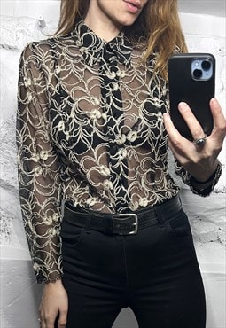 Mesh Sheer Embroidered Shirt / Blouse 