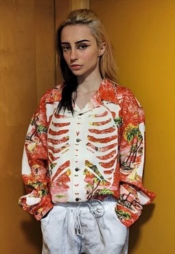 Skeleton print shirt floral grunge blouse punk bones top red
