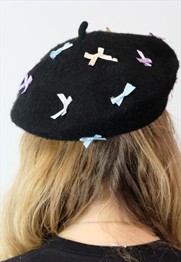 Reworked second hand beret bows black coquette pastel