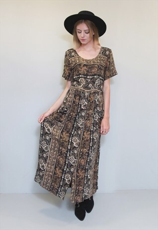 VINTAGE 1990'S BROWN FLORAL PRINT BUTTON FRONT MAXI DRESS