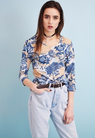 90'S RETRO PAISLEY PATTERN KITSCH MESH TOP BLOUSE