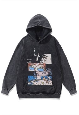 Smoke print hoodie anime pullover Japanese cartoon top grey 