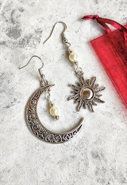 Moon and Sun Celestial Mismatched Faux Pearl Drop Earrings