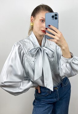 Puff Sleeve Silver Silky Pussybow Blouse, Embroidered top
