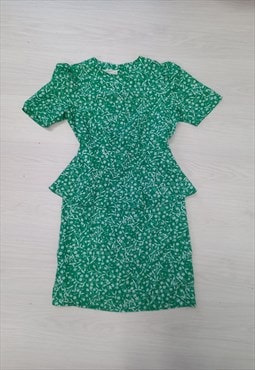 80's Vintage St Michael Dress Green Floral Peplum