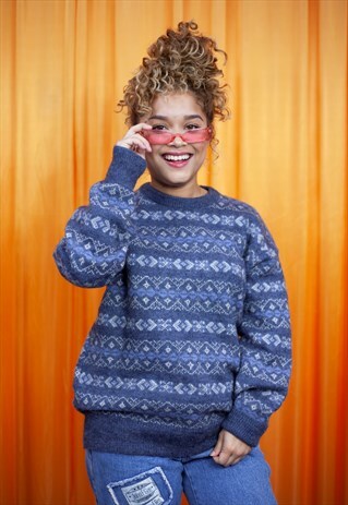 VINTAGE 90S JUMPER BLUE GREY WHITE STRIPED FAIR ISLE WOOL