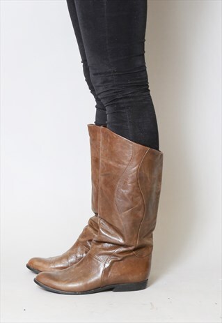 VINTAGE 1980'S OLIVE BROWN/GREEN FLAT LEATHER BOOTS