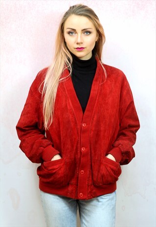 1980S VINTAGE REAL SUEDE RED BUTTON UP BOMBER JACKET