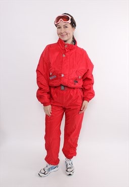 Vintage one piece ski suit in red, 90s retro snow suit 