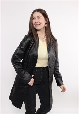 90s black leather trench coat, woman vintage minimalist coat