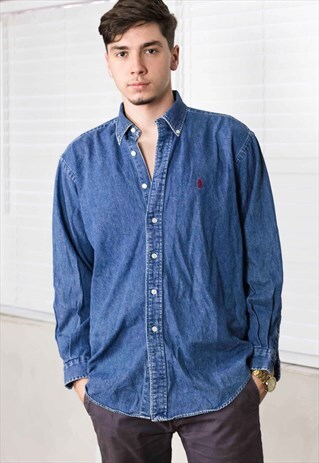 VINTAGE RALPH LAUREN DENIM SHIRT LOGO 90S M 18.0