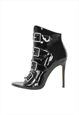 Patent Leather Open Toe Buckle Strap Ankle Boots