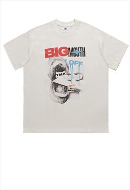 Big mouth t-shirt grunge tee retro raver top in white