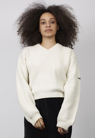 VINTAGE 90'S LEVI'S CREAM CHUNKY KNIT V-NECK JUMPER