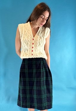 Vintage 1970s Wool Green Tartan Pleated Midi Skirt