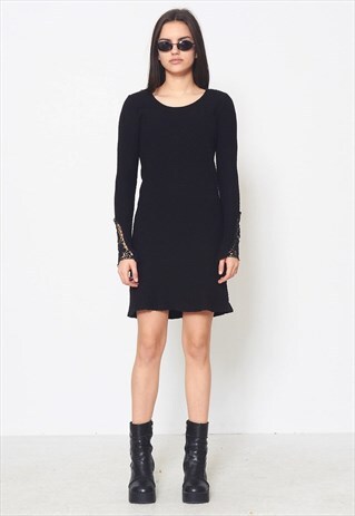 VINTAGE BLACK CREAM LONG SLEEVE KNIT MINI DRESS