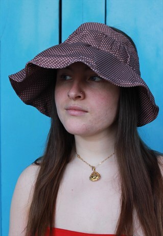 Y2K STYLE BROWN POLKA DOT VISOR HAT WITH FLOWER BROOCH