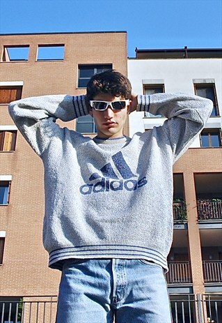 90S VINTAGE RARE ADIDAS BIG LOGO GREY COTTON JUMPER