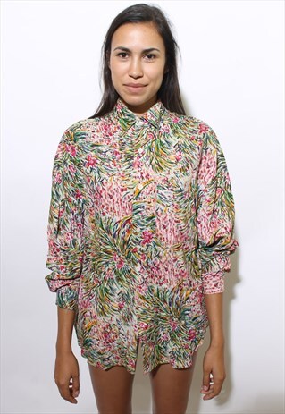 VINTAGE 1980'S 80'S ABSTRACT FLORAL PRINT BUTTON DOWN M-L