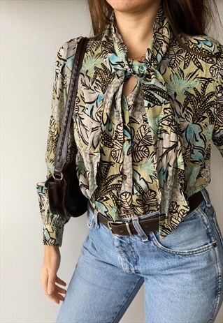 VINTAGE 50S PARISIAN LUXE TROPICAL PRINT BLOUSE TOP SHIRT
