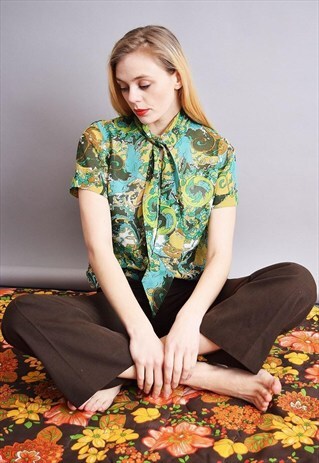 70'S RETRO BOHO ABSTRACT FLORAL PATTERN SHEER BLOUSE TOP