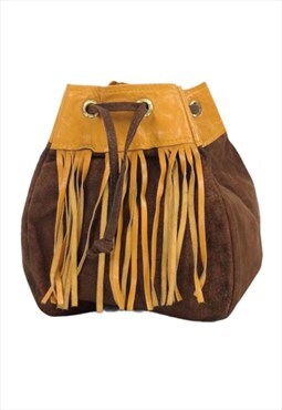 Vintage 70s Western Hippie Boho Suede Fringe Bucket Bag 