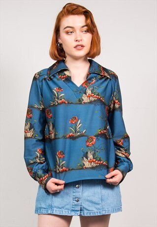 VINTAGE 70'S BLUE FLORAL PATTERN SHIRT