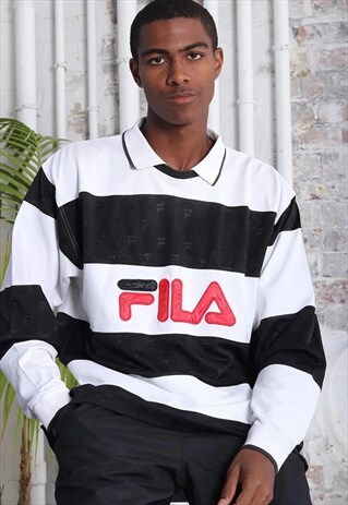 VINTAGE FILA LOGO LONG SLEEVE STRIPED RUGBY POLO SHIRT WHITE