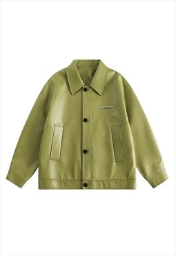 Faux leather varsity jacket smart PU grunge bomber in green