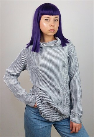 VINTAGE 90'S RIBBED KNIT TURTLENECK / JUMPER IN SILVER