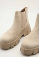 FAUX SUEDE CHUNKY HEEL BOOTS IN BEIGE