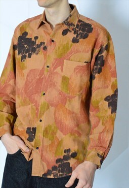 Vintage 70s Brown Orange Abstract Grunge Long Sleeve Shirt