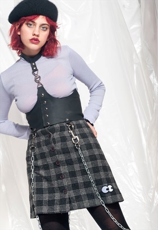 VINTAGE PLAID SKIRT Y2K BUTTON FRONT EYE PATCH TARTAN MINI